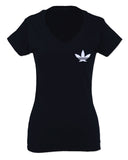Cool Marijuana Weed Leaf Stoner Day Front and Back For Women V neck fitted T Shirt