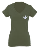 Cool Marijuana Weed Leaf Stoner Day Front and Back For Women V neck fitted T Shirt