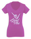 Big Good Vibe Bones Hand Shaka Cool Vintage Hipster Graphic For Women V neck fitted T Shirt