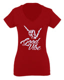 Big Good Vibe Bones Hand Shaka Cool Vintage Hipster Graphic For Women V neck fitted T Shirt
