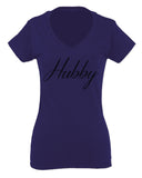 VICES AND VIRTUESS Letter Printed Hubby Couple Wedding Wifey Matching Groom For Women V neck fitted T Shirt