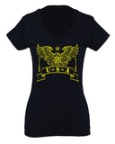 USA Military Eagle American Proud United States of America U.S. For Women V neck fitted T Shirt