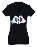 Cartoon Glove Heart Love Hecho en Mexico Mexican Flag escucudo Mexicano For Women V neck fitted T Shirt