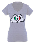 Cartoon Glove Heart Love Hecho en Mexico Mexican Flag escucudo Mexicano For Women V neck fitted T Shirt