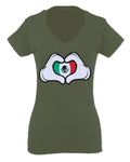 Cartoon Glove Heart Love Hecho en Mexico Mexican Flag escucudo Mexicano For Women V neck fitted T Shirt