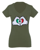 Cartoon Glove Heart Love Hecho en Mexico Mexican Flag escucudo Mexicano For Women V neck fitted T Shirt