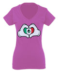 Cartoon Glove Heart Love Hecho en Mexico Mexican Flag escucudo Mexicano For Women V neck fitted T Shirt