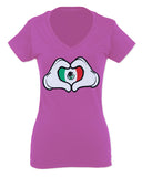 Cartoon Glove Heart Love Hecho en Mexico Mexican Flag escucudo Mexicano For Women V neck fitted T Shirt