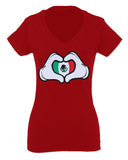 Cartoon Glove Heart Love Hecho en Mexico Mexican Flag escucudo Mexicano For Women V neck fitted T Shirt