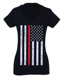 Cool Dad Fireman Firefighter red Thin line American Flag USA Support For Women V neck fitted T Shirt