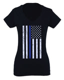Big Flag USA American Police Support Blue Lives Matter Thin Line For Women V neck fitted T Shirt