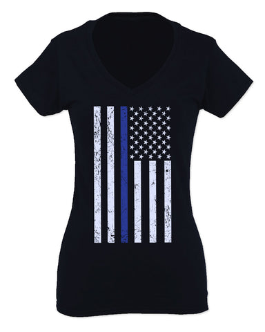 Big Flag USA American Police Support Blue Lives Matter Thin Line For Women V neck fitted T Shirt