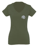 VICES AND VIRTUESS Hecho En Mexico Mexican Flag Coat of Arms Escudo Mexicano For Women V neck fitted T Shirt