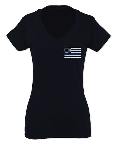 American Flag Thin Blue Line USA Police Support Lives Matter For Women V neck fitted T Shirt