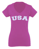 USA Vintage Patriotic American United States of America For Women V neck fitted T Shirt