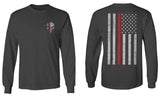 VICES AND VIRTUESS Front Skull Back Flag Thin Red Line USA Firefighter Support mens Long sleeve t shirt