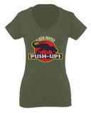 T Rex Hate Push UPS Funny Dinosaur Workout Fitness Gym For Women V neck fitted T Shirt