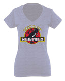 Hilarious Funny Cool Graphic T Rex Dinosaur Hates Selfies no Like For Women V neck fitted T Shirt