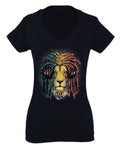 VICES AND VIRTUESS Cool Marijuana Rasta Lion Headphones Reggae Weed Stoner Day For Women V neck fitted T Shirt