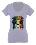 VICES AND VIRTUESS Cool Marijuana Rasta Lion Headphones Reggae Weed Stoner Day For Women V neck fitted T Shirt