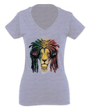 VICES AND VIRTUESS Cool Marijuana Rasta Lion Headphones Reggae Weed Stoner Day For Women V neck fitted T Shirt