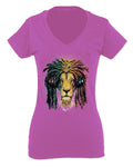 VICES AND VIRTUESS Cool Marijuana Rasta Lion Headphones Reggae Weed Stoner Day For Women V neck fitted T Shirt