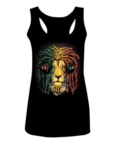 VICES AND VIRTUESS Cool Marijuana Rasta Lion Headphones Reggae Weed Stoner Day  women's Tank Top sleeveless Racerback