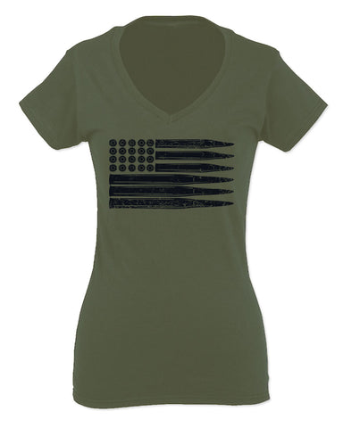 Bullet Flag 2nd Amendment American USA United State America For Women V neck fitted T Shirt