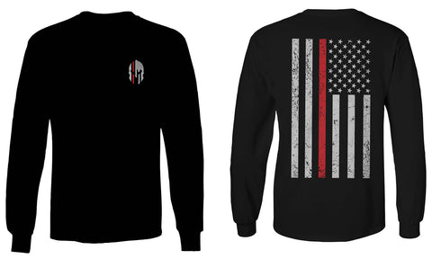 Greek Helmet America Support Thin Red Line Fonts Firefighter mens Long sleeve t shirt