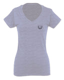 VICES AND VIRTUESS Cool Small Logo Seal Good Vibe For Women V neck fitted T Shirt