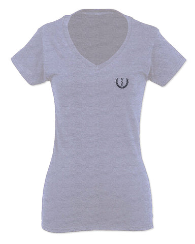 VICES AND VIRTUESS Cool Small Logo Seal Good Vibe For Women V neck fitted T Shirt