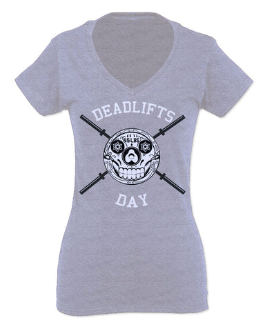 Front Graphic Skull Deadlifts Day Fitness Gym Tough Workout For Women V neck fitted T Shirt
