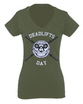 Front Graphic Skull Deadlifts Day Fitness Gym Tough Workout For Women V neck fitted T Shirt
