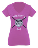 Front Graphic Skull Deadlifts Day Fitness Gym Tough Workout For Women V neck fitted T Shirt