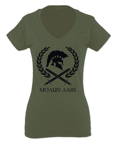 American Come and Take Greek Molon Labe Spartan Workout For Women V neck fitted T Shirt
