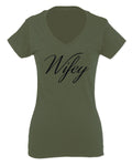 VICES AND VIRTUESS Letter Printed Wifey Couple Wedding Hubby Matching Bride For Women V neck fitted T Shirt