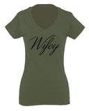 VICES AND VIRTUESS Letter Printed Wifey Couple Wedding Hubby Matching Bride For Women V neck fitted T Shirt