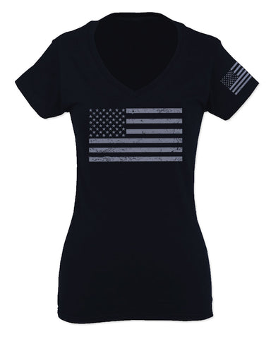 Gray America USA Patriotic American United States Vintage Flag For Women V neck fitted T Shirt