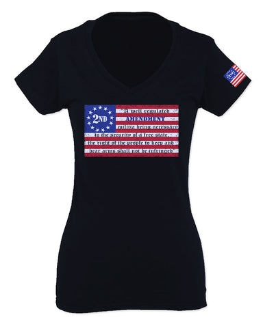 VICES AND VIRTUESS 2nd Amendment 1776 George Washington Flag American USA Guns Control For Women V neck fitted T Shirt