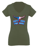 VICES AND VIRTUESS Texas State Flag Don't Mess with Texas Bull Lone Star For Women V neck fitted T Shirt