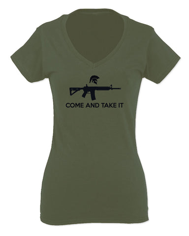 AR 15 Come and Take It Greek Molon Labe Spartan Guns For Women V neck fitted T Shirt