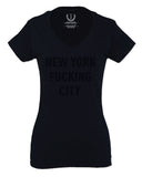 Black Fonts New York Fucking City NYC American Flag America Cool Street For Women V neck fitted T Shirt
