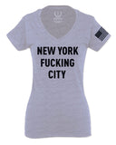Black Fonts New York Fucking City NYC American Flag America Cool Street For Women V neck fitted T Shirt