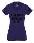 Black Fonts New York Fucking City NYC American Flag America Cool Street For Women V neck fitted T Shirt