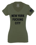 Black Fonts New York Fucking City NYC American Flag America Cool Street For Women V neck fitted T Shirt