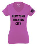 Black Fonts New York Fucking City NYC American Flag America Cool Street For Women V neck fitted T Shirt