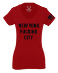 Black Fonts New York Fucking City NYC American Flag America Cool Street For Women V neck fitted T Shirt