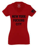 Black Fonts New York Fucking City NYC American Flag America Cool Street For Women V neck fitted T Shirt