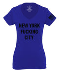Black Fonts New York Fucking City NYC American Flag America Cool Street For Women V neck fitted T Shirt