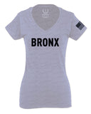 Black Fonts New York Bronx NYC Cool City Street wear For Women V neck fitted T Shirt